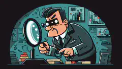 Ein Cartoon-Sicherheitsanalytiker, der mit einer Lupe nach versteckten Cyber-Bedrohungen auf einem Computerbildschirm sucht.