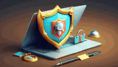 Ein Cartoon-Schild zum Schutz eines Laptops und von Sachwerten mit einem Vergrößerungsglas zur Identifizierung von Risiken.
