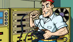 Ein Techniker mit einem COTS ONT in der Hand und einem Glasfaserkabel im Hintergrund.