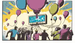 Eine cartoonartige Darstellung einer Gruppe von Personen, die einen Heliumballon ausnutzen, mit einem Bild eines LoRaWAN-Gateways und MiddleMan oder Chirp Stack Packet Multiplexer im Hintergrund.