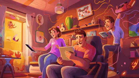 Eine bunte Cartoon-Illustration, die eine glückliche Familie zu Hause zeigt, umgeben von verschiedenen Geräten, die mit T-Mobile Home Internet verbunden sind.