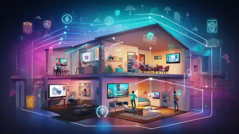 Eine bunte Illustration eines Hauses mit WLAN-Signalen, die sich durch alle Räume ausbreiten und die Abdeckung und Konnektivität eines WLAN-Mesh-Systems symbolisieren.