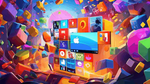 Eine farbenfrohe Illustration, die ein Windows-Logo zeigt, das von verschiedenen Software-Symbolen umgeben ist, die eine optimierte Paketverwaltung und Updates darstellen.
