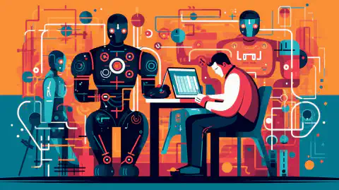 Eine farbenfrohe Illustration eines menschlichen Testers und eines Robotertesters, die zusammenarbeiten, um Softwareanwendungen zu testen.