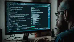 Ein Entwickler sitzt an seinem Computer und tippt auf seiner Tastatur, während das ChatGPT CLI in seinem Terminal geöffnet ist.