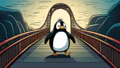 Ein freundlicher Cartoon-Linux-Pinguin geht zuversichtlich über eine Brücke in eine erfolgreiche Zukunft.