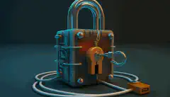 Ein Vorhängeschloss und ein Schlüssel, die auf einem Netzwerkkabel stehen und symbolisch für Zero Trust Security stehen.