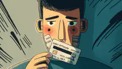 Eine Person, die eine Kreditkarte in der einen und ein Schloss in der anderen Hand hält, mit einem besorgten Gesichtsausdruck, als ob sie sich Sorgen um die Sicherheit ihrer persönlichen Daten macht.