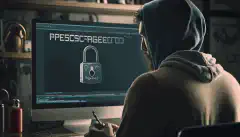 Eine Person, die ein Vorhängeschloss vor einen Computerbildschirm hält, auf dem die Meldung Geschützt erscheint