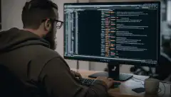 Eine Person, die vor einem Computer sitzt und Code in eine Befehlszeilenschnittstelle eintippt, während Textzeilen über den Bildschirm laufen. 