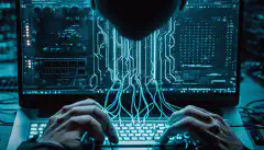 Eine Person, die auf einer Tastatur tippt, mit einem Hintergrund aus Computerservern und Netzwerkkabeln, der die Verwendung von PowerShell für Cybersicherheitsvorgänge und Compliance darstellt.