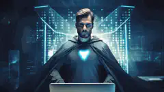 Ein Fachmann in einem Superheldenumhang, der vor einem Computerbildschirm mit einem Schild steht, das für Cybersicherheit steht.