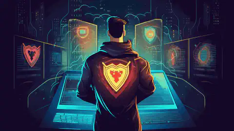 Ein Fachmann mit einem Superheldenumhang und einem Schild, das für Cybersicherheit steht, steht selbstbewusst vor einem Computernetzwerk.