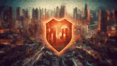 Ein Schild mit einem Häkchen und dem Schriftzug Cyber Resilient Infrastructure, umgeben von herabfallenden Pixeln und dem Hintergrund einer brennenden Stadt.