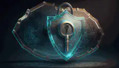 Ein Schild mit Schloss und Schlüssel symbolisiert die Cybersicherheit, während die Lupe darüber das Risikomanagement darstellt.