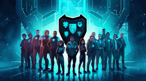 Ein symbolisches Cartoon-Bild, das eine Gruppe verschiedener Personen in Cybersicherheitskleidung zeigt, die in einer Schildformation zusammenstehen, mit binären Codes und Schlosssymbolen um sie herum, um die Bedeutung von Einheit und Schutz im digitalen Bereich zu betonen.