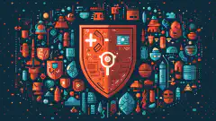 Eine symbolische Illustration, die ein schildförmiges Symbol für Cybersicherheit zeigt, umgeben von Codeschnipseln in verschiedenen Programmiersprachen.