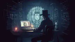 Ein symbolisches Bild, das einen Hacker zeigt, der einen schwarzen Hut trägt und auf einem Computer tippt, während ein Schild mit einem Schloss ein Netzwerk im Hintergrund schützt.