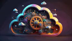 Eine lebendige, animierte 3D-Illustration einer Wolke mit Zahnrädern im Inneren, die eine hybride Cloud-Umgebung darstellt und die effiziente und automatisierte Verwaltung der Cloud-Infrastruktur veranschaulicht.