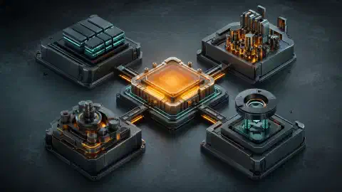Modulare Metallkomponenten, die über türkisfarbene und orangefarbene Pfade mit einem leuchtenden zentralen Prozessor auf einer dunklen Arbeitsfläche verbunden sind