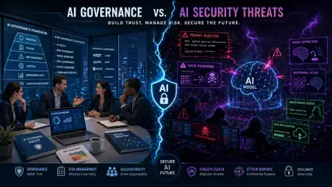 Das Bild zeigt eine geteilte Szene: auf einer Seite Fachleute in einem Büro, die Governance-Dokumente besprechen; auf der anderen chaotische digitale Darstellungen von KI-Systemen unter Cyberangriff, mit lebhaften Farben, die den Kontrast hervorheben.