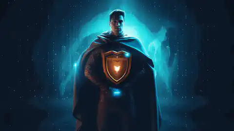 Ein animierter Cybersecurity-Experte mit einem Superhelden-Umhang, der selbstbewusst mit einem Schild in der einen und einem Schloss-Symbol in der anderen Hand steht und digitale Werte schützt.
