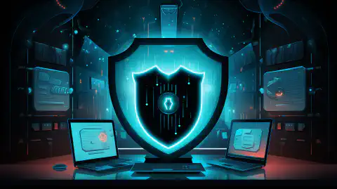 Eine animierte Illustration, die ein Schild zeigt, das ein Computersystem vor verschiedenen Cyber-Bedrohungen schützt.