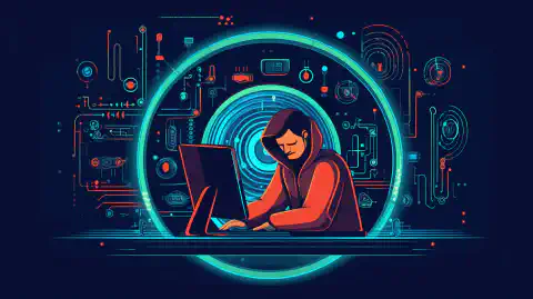 Eine animierte Illustration eines Hackers, der einen Computer und eine Lupe benutzt, um die Erforschung und Analyse von Schwachstellen und Schwachstellen in Computersystemen darzustellen.