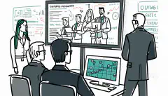 Ein animiertes Bild einer Gruppe von Mitarbeitern, die sich um einen Computer versammelt haben, oder ein Sicherheitsexperte, der Cybersicherheitskonzepte auf einem Whiteboard erklärt.