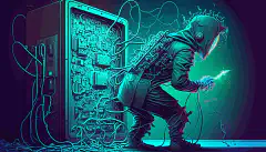 Ein animiertes Bild eines Hackers, der versucht, in ein durch RSA-Verschlüsselung geschütztes Computersystem einzudringen, aber scheitert, da ein Quantencomputer die Verschlüsselung in Sekundenschnelle im Hintergrund löst.