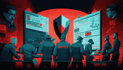 Ein illustriertes Bild eines Teams von Cybersicherheitsexperten, die zusammenarbeiten, um auf einen Sicherheitsvorfall zu reagieren, mit einem roten Warnsymbol im Hintergrund, das die Dringlichkeit der Situation anzeigt. 