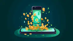 Eine Illustration, die ein Smartphone zeigt, aus dem Geld herausfließt, stellt das Konzept des Verdienens von Belohnungen durch das Teilen von Internetressourcen über die Earn App dar.