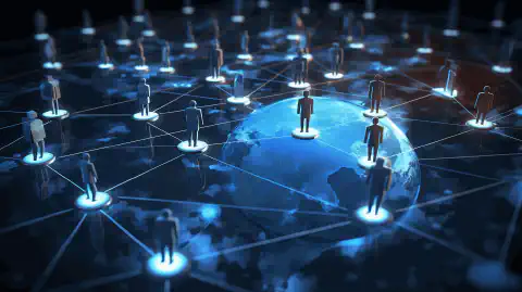 Ein Bild, das ein Netzwerk aus miteinander verbundenen Servern und Benutzersymbolen darstellt und die Verwaltung und Automatisierung von Active Directory symbolisiert.