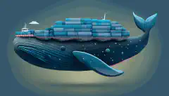 Das Bild eines Frachtschiffs in Form eines Blauwals, das mehrere Docker-Container transportiert