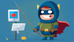 Ein Bild einer Zeichentrickfigur mit Superheldenkostüm und Schild, die eine Angelrute mit einer Phishing-E-Mail abwehrt.
