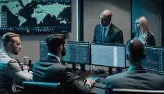 Ein Bild von einer Gruppe von Cybersicherheitsexperten in einem Sitzungssaal, die zusammenarbeiten, um die Sicherheit der Systeme und Daten ihres Unternehmens zu gewährleisten.