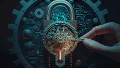 Das Bild eines Schlosses mit Zahnrädern symbolisiert den Einsatz von KI in der Cybersicherheit, während eine menschliche Hand einen Schlüssel hält, um die menschliche Aufsicht zu veranschaulichen.