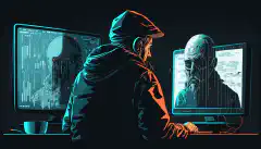 Das Bild einer Person, die mit besorgtem Gesichtsausdruck an einem Computer sitzt, während ein Hacker oder Cyberkrimineller auf dem Bildschirm zu sehen ist, soll die Gefahren von Cyber-Bedrohungen und die Bedeutung der Cybersicherheit verdeutlichen