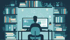 Das Bild einer Person, die an einem Schreibtisch sitzt und einen Computer vor sich hat, umgeben von Büchern, Online-Ressourcen und Zertifizierungsmaterialien, symbolisiert die verschiedenen Wege zum Erwerb von Wissen und Fachkenntnissen in den Bereichen Cybersicherheit und Systemadministration. 