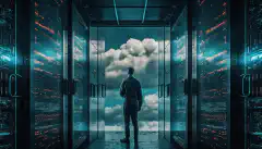 Ein Bild eines Serverraums mit Serverregalen auf der einen Seite und einer Wolke auf der anderen Seite, mit einer Person, die in der Mitte steht und beides betrachtet.