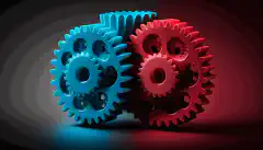 Ein Bild von drei Zahnrädern in den Farben Rot, Blau und Blau, die ineinandergreifen und sich gemeinsam drehen, um ihre Integration und Zusammenarbeit bei der Automatisierung von Cybersicherheitsprozessen zu symbolisieren