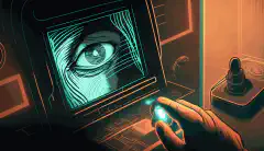 Eine animierte Illustration der Hand einer Person, die einen Fingerabdruckscanner benutzt, um sich Zugang zu einem gesicherten Bereich zu verschaffen, wobei im Hintergrund auch das Gesicht und die Iris einer Person zu sehen sind.