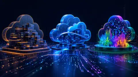 Eine abstrakte digitale Illustration mit drei Wolkenstrukturen, die AWS, Azure und Google Cloud darstellen, in lebhaften Farben vor einem dunklen Hintergrund beleuchtet.
