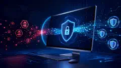 Illustration eines Computerbildschirms mit einer futuristischen datenschutzorientierten Browser-Oberfläche und abstrakten Symbolen für Datenschutz und Verschlüsselung vor einem dunkelblauen Hintergrund.