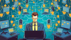 Cartoon-Illustration eines Managers für Informationssysteme, der ein Computernetz überwacht