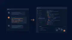 Terminalgespräch und grafischer Coding-Arbeitsbereich, verbunden durch einen Pfeil für die Sitzungsübertragung auf dunklem Hintergrund