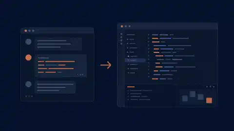 Terminalgespräch und grafischer Coding-Arbeitsbereich, verbunden durch einen Pfeil für die Sitzungsübertragung auf dunklem Hintergrund