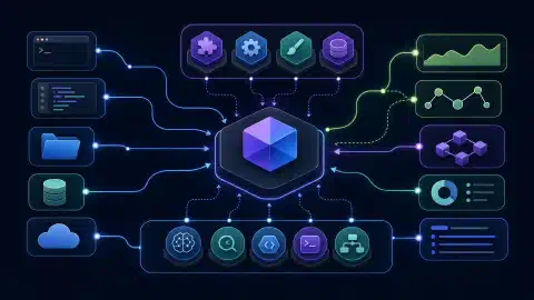 Blaue und violette Tool-Symbole, Ordner und abstrakte Diagrammflächen, verbunden mit einem zentralen geometrischen Knoten auf dunklem Hintergrund