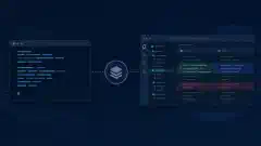 Terminal- und Desktop-Arbeitsplätze für Programmierung, verbunden mit einem Repository-Symbol in Türkis und Blau