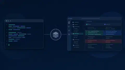 Terminal- und Desktop-Arbeitsplätze für Programmierung, verbunden mit einem Repository-Symbol in Türkis und Blau